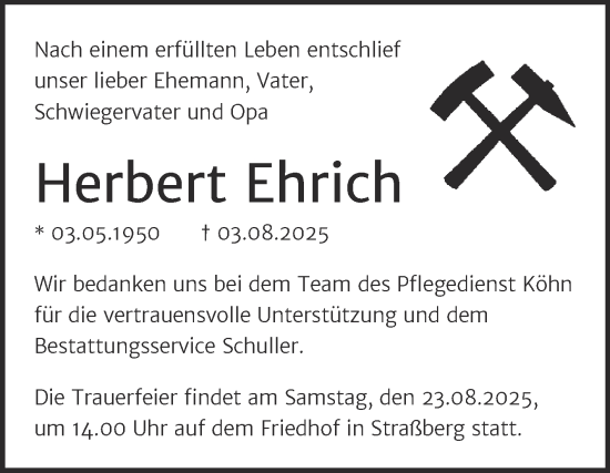 Traueranzeige von Herbert Ehrich von Super Sonntag Quedlingburg