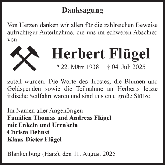 Traueranzeige von Herbert Flügel von Volksstimme Wernigerode