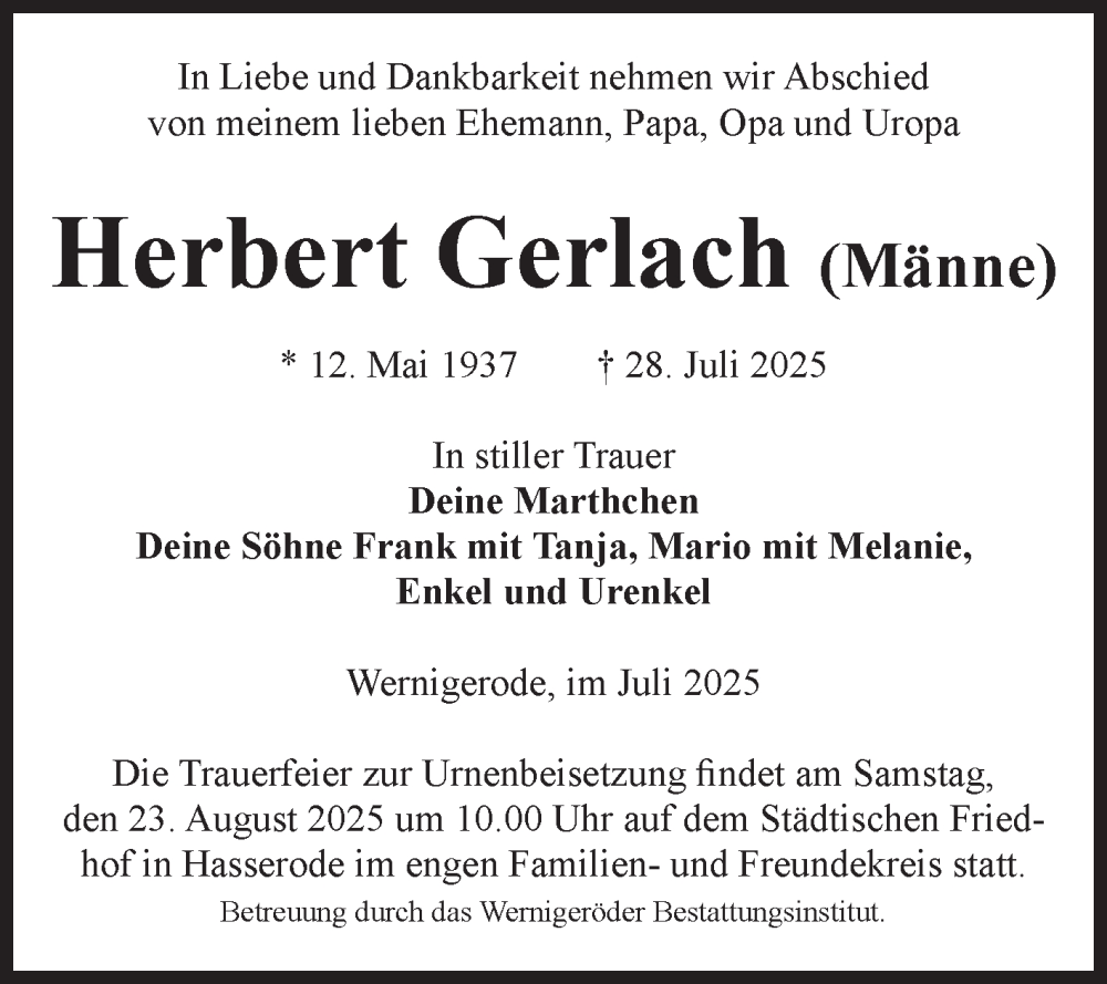  Traueranzeige für Herbert Gerlach vom 09.08.2025 aus Volksstimme Wernigerode