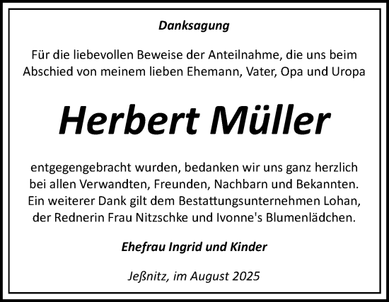 Traueranzeige von Herbert Müller von Trauerkombi Bitterfeld