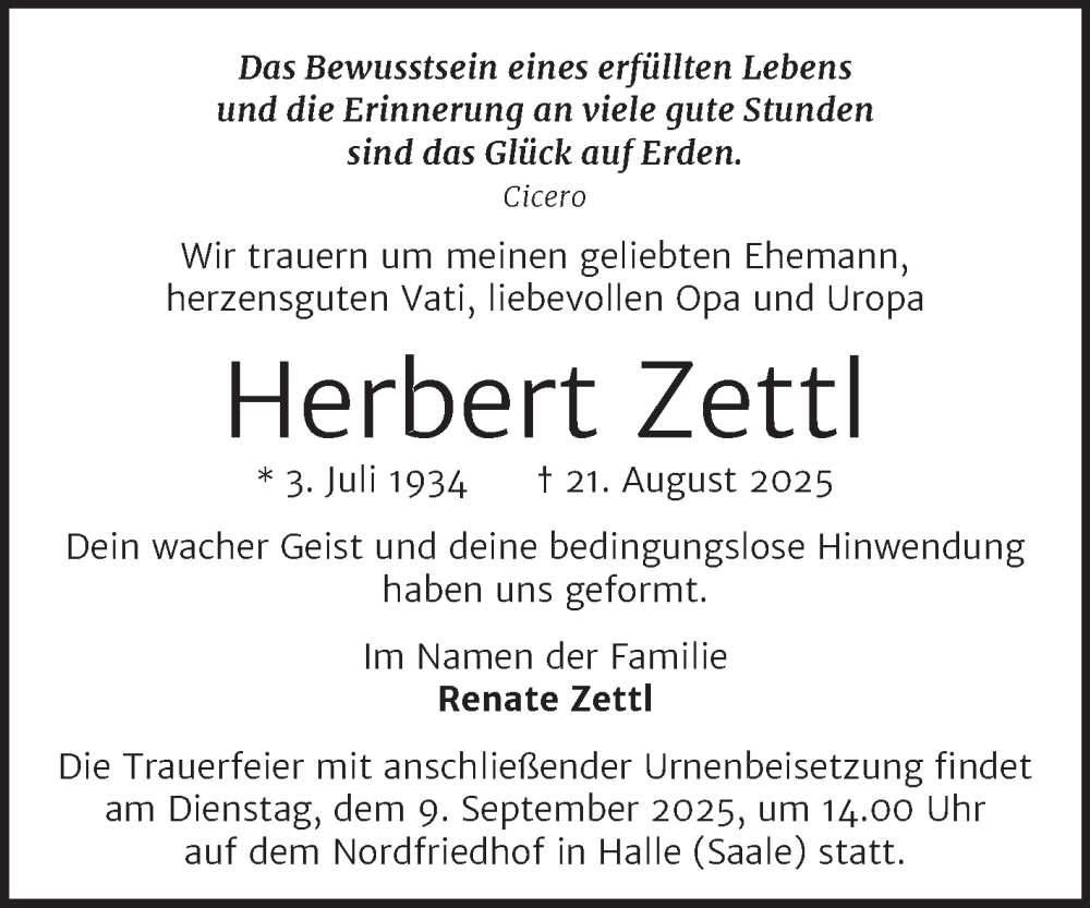  Traueranzeige für Herbert Zettl vom 30.08.2025 aus Super Sonntag Dessau-Roßlau