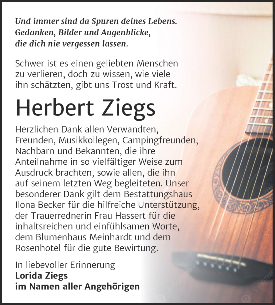 Traueranzeige von Herbert Ziegs von Trauerkombi Sangerhausen