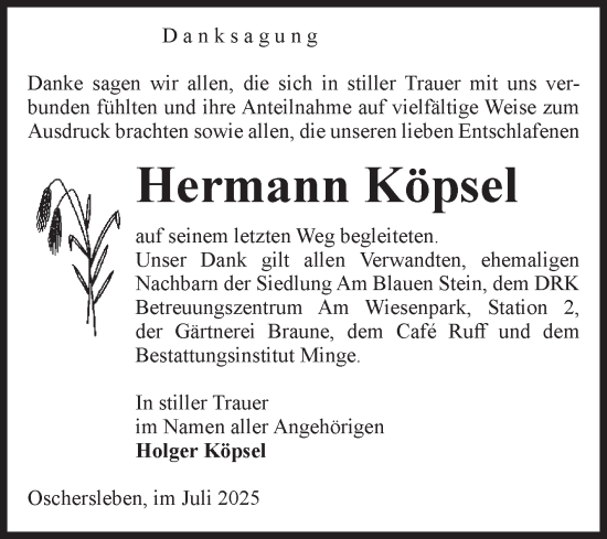 Traueranzeige von Hermann Köpsel von Volksstimme Oschersleben/Wanzleben