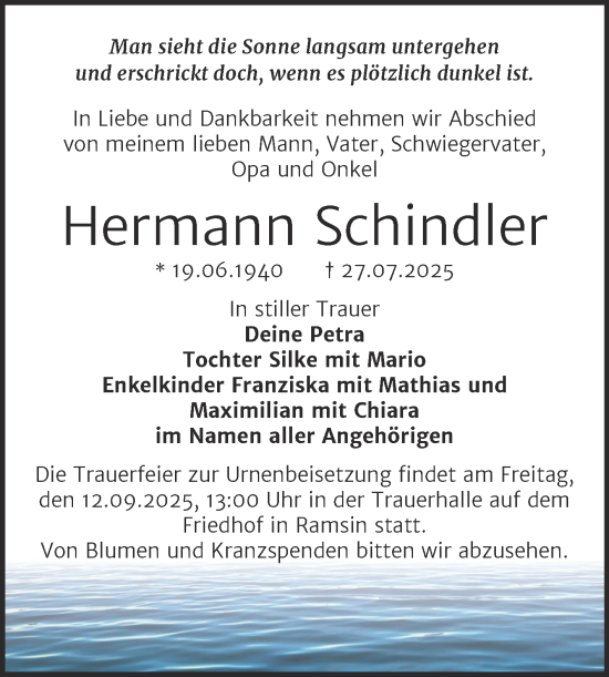 Traueranzeige von Hermann Schindler von Trauerkombi Bitterfeld