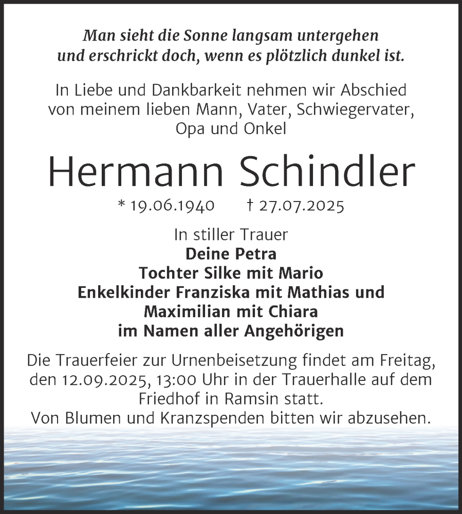  Traueranzeige für Hermann Schindler vom 09.08.2025 aus Trauerkombi Bitterfeld