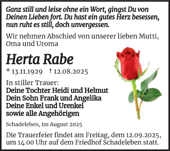 Traueranzeige von Herta Rabe von Trauerkombi Aschersleben