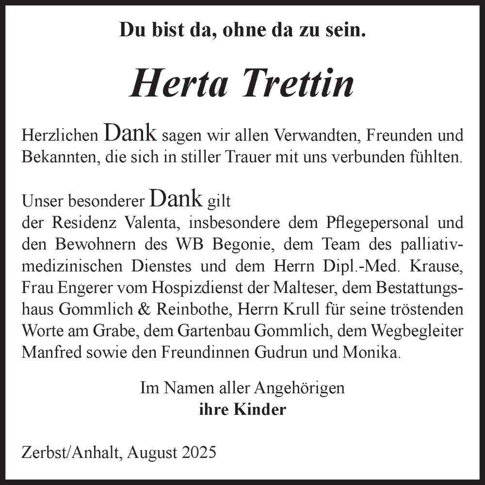  Traueranzeige für Herta Trettin vom 09.08.2025 aus Volksstimme Zerbst