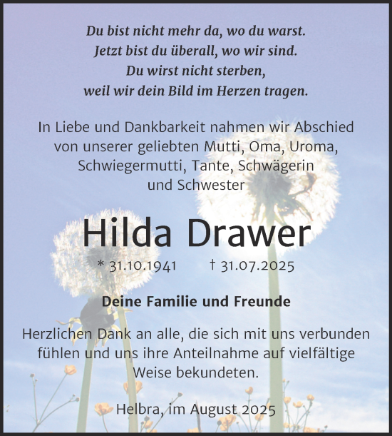 Traueranzeige von Hilda Drawer von Trauerkombi Mansfelder Land