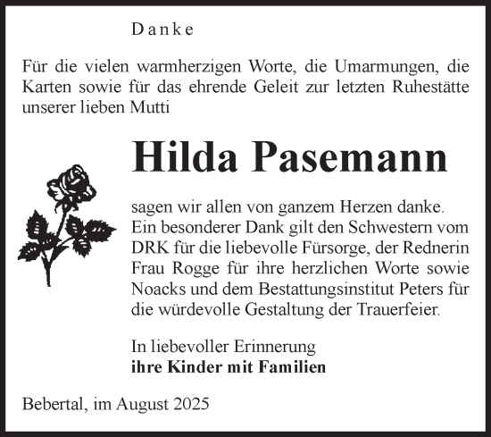 Traueranzeige von Hilda Pasemann von Volksstimme Haldensleben/Wolmirstedt