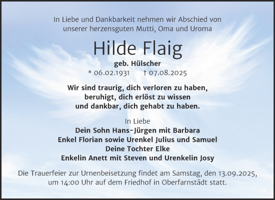 Traueranzeige von Hilde Flaig von Trauerkombi Merseburg
