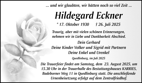 Traueranzeige von Hildegard Eckner von Trauerkombi Quedlinburg