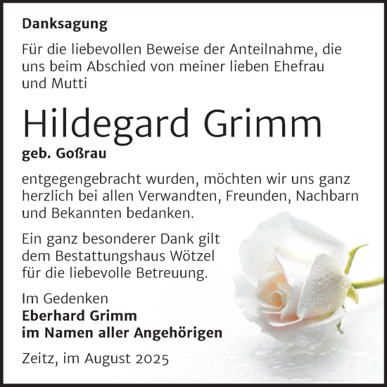 Traueranzeige von Hildegard Grimm von Trauerkombi Zeitz