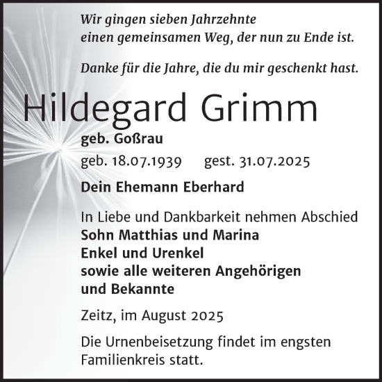Traueranzeige von Hildegard Grimm von Trauerkombi Zeitz
