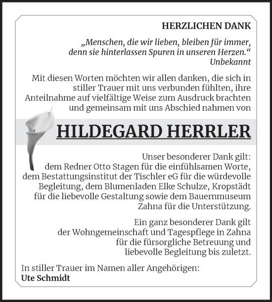 Traueranzeige von Hildegard Herrler von Trauerkombi Wittenberg