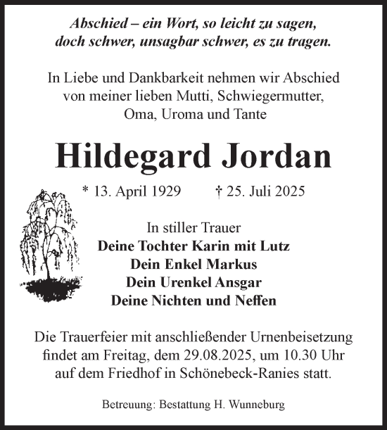 Traueranzeige von Hildegard Jordan von Volksstimme Schönebeck