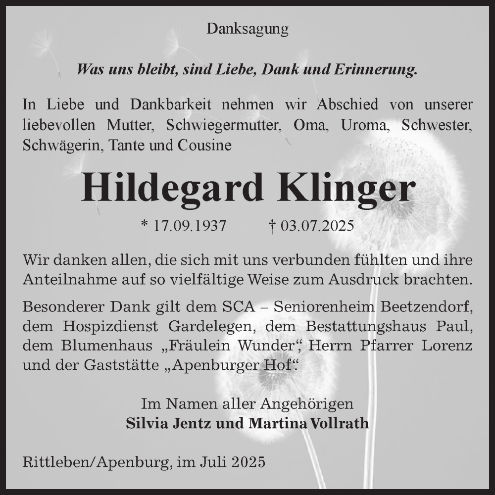  Traueranzeige für Hildegard Klinger vom 13.08.2025 aus Volksstimme Altmark West