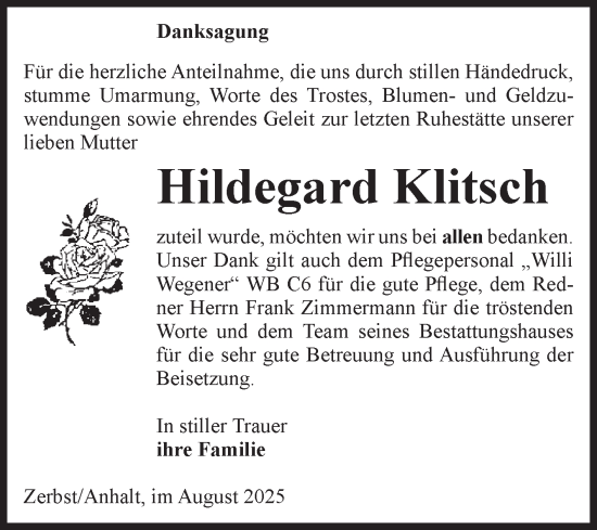 Traueranzeige von Hildegard Klitsch von Volksstimme Zerbst
