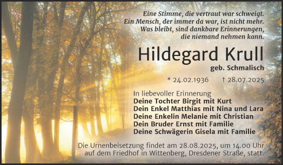 Traueranzeige von Hildegard Krull von Trauerkombi Wittenberg