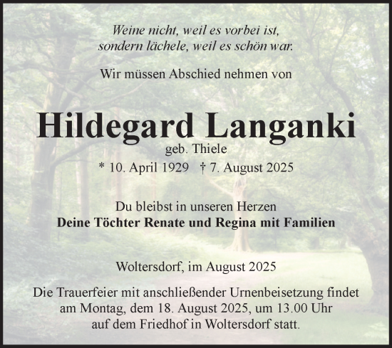 Traueranzeige von Hildegard Langanki von Volksstimme Burg/Genthin