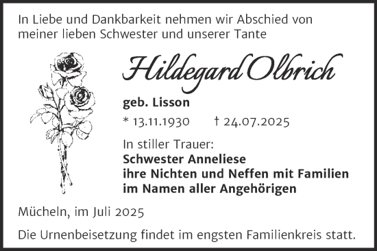 Traueranzeige von Hildegard Olbrich von Trauerkombi Merseburg