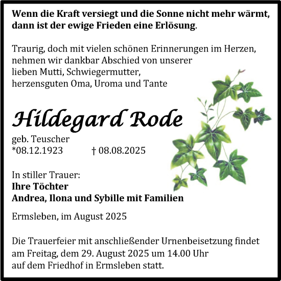 Traueranzeige von Hildegard Rode von Trauerkombi Quedlinburg