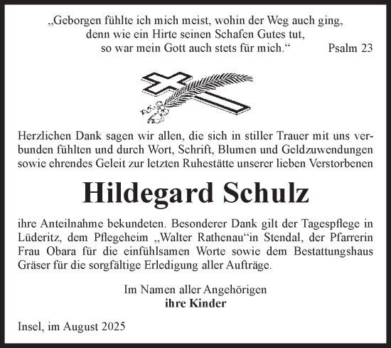 Traueranzeige von Hildegard Schulz von Volksstimme Altmark Ost