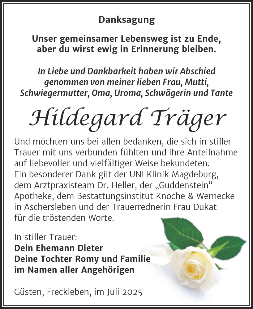 Traueranzeige für Hildegard Träger vom 09.08.2025 aus Volksstimme Staßfurt