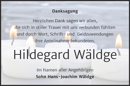 Traueranzeige von Hildegard Wäldge von Trauerkombi Wittenberg