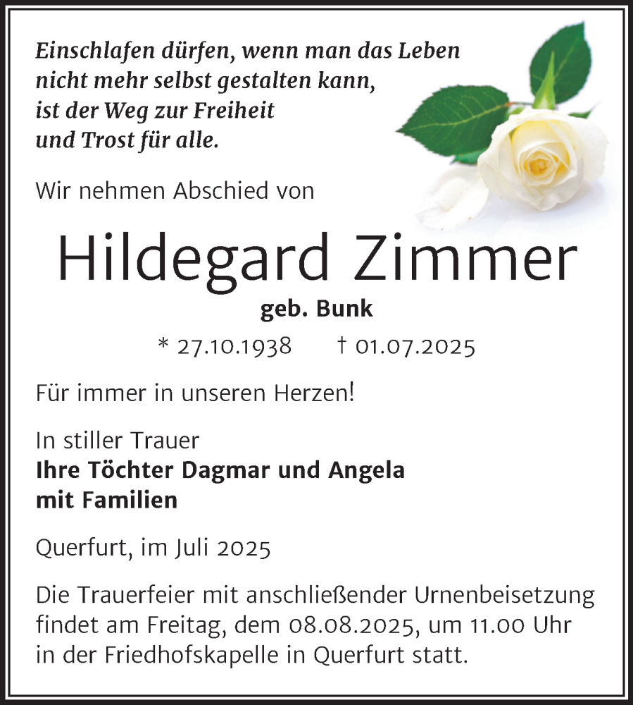  Traueranzeige für Hildegard Zimmer vom 02.08.2025 aus Trauerkombi Merseburg