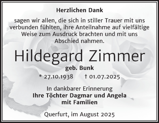 Traueranzeige von Hildegard Zimmer von Trauerkombi Merseburg