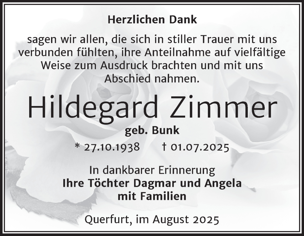  Traueranzeige für Hildegard Zimmer vom 30.08.2025 aus Trauerkombi Merseburg