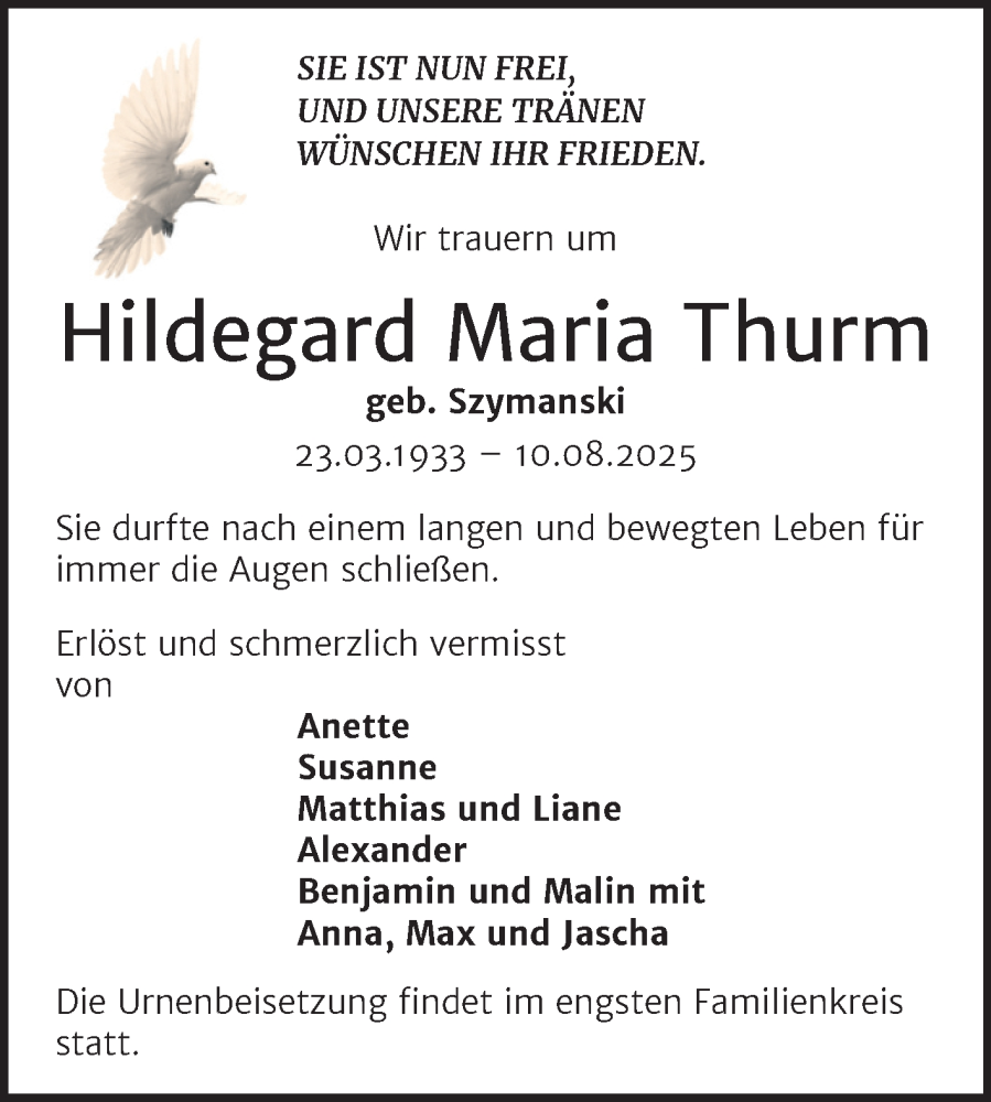  Traueranzeige für Hildegard Maria Thurm vom 23.08.2025 aus Trauerkombi Mansfelder Land