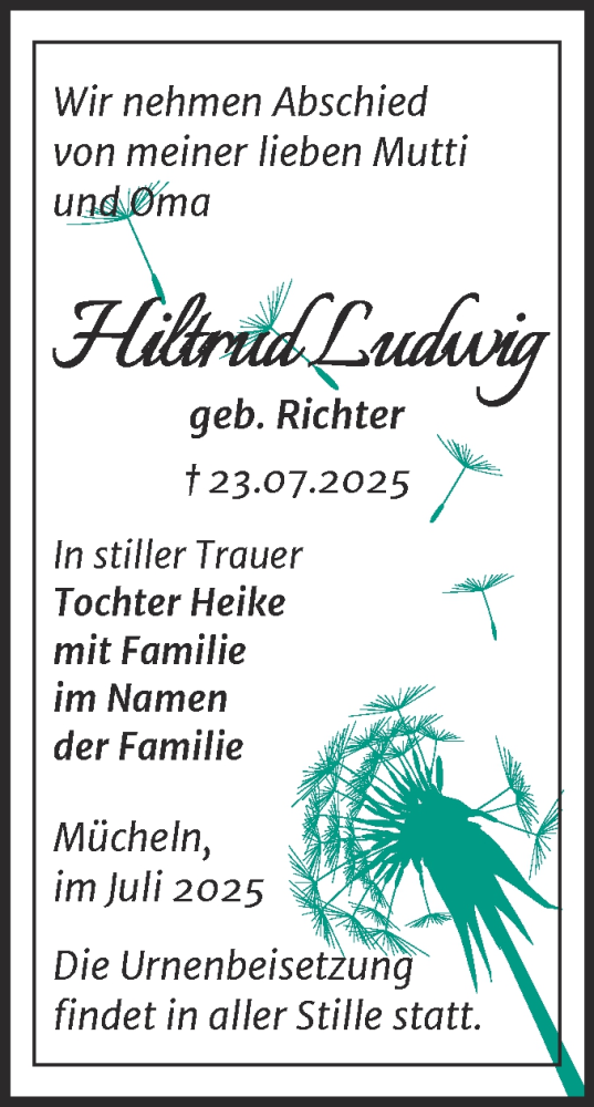 Traueranzeige von Hiltrud Ludwig von Trauerkombi Merseburg