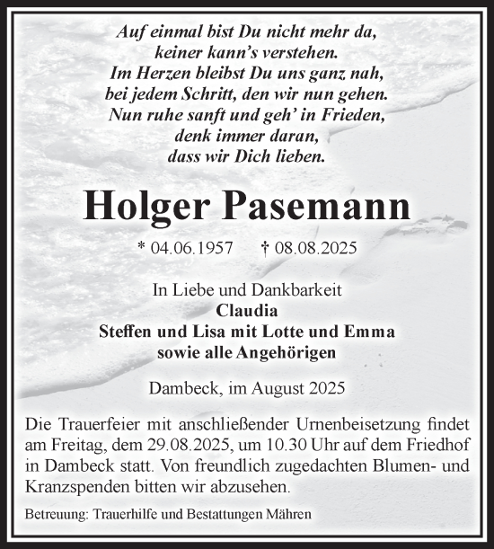 Traueranzeige von Holger Pasemann von Volksstimme Altmark West