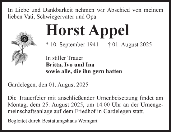 Traueranzeige von Horst Appel von Volksstimme Altmark West