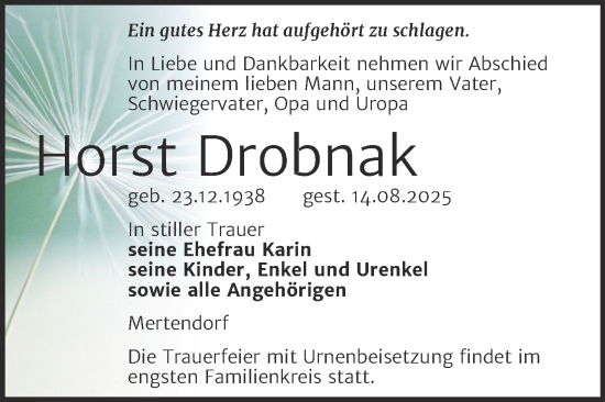 Traueranzeige von Horst Drobnak von Super Sonntag Naumburg/Nebra