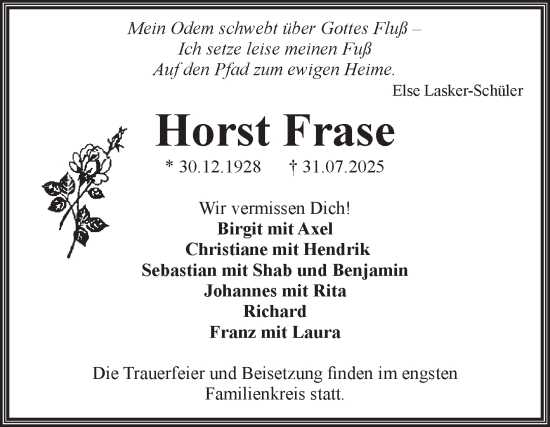 Traueranzeige von Horst Frase von Volksstimme Magdeburg
