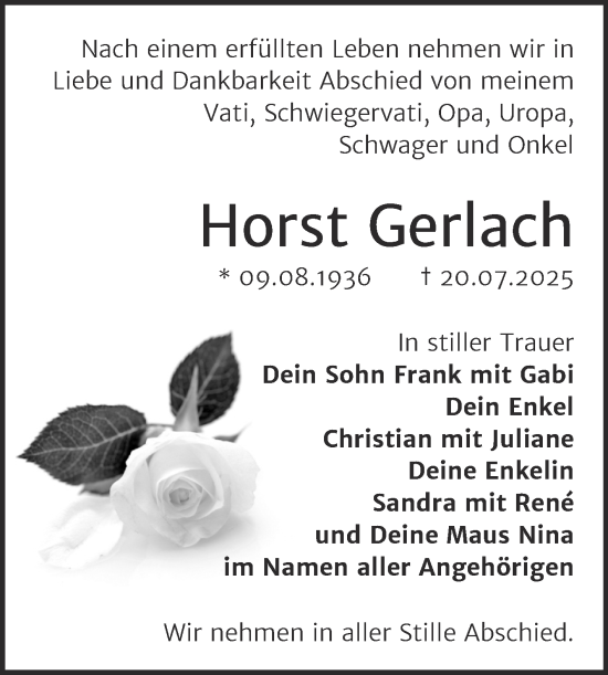 Traueranzeige von Horst Gerlach von Trauerkombi Weißenfels