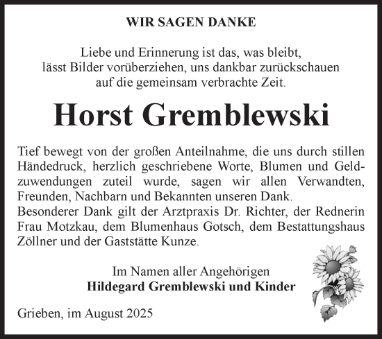 Traueranzeige von Horst Gremblewski von Volksstimme Altmark Ost