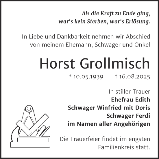 Traueranzeige von Horst Grollmisch von Trauerkombi Bernburg