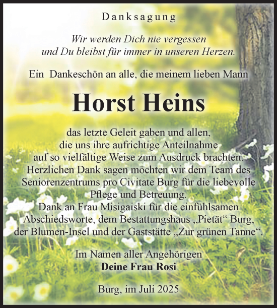 Traueranzeige von Horst Heins von Volksstimme Burg/Genthin