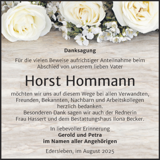 Traueranzeige von Horst Hommann von Trauerkombi Sangerhausen