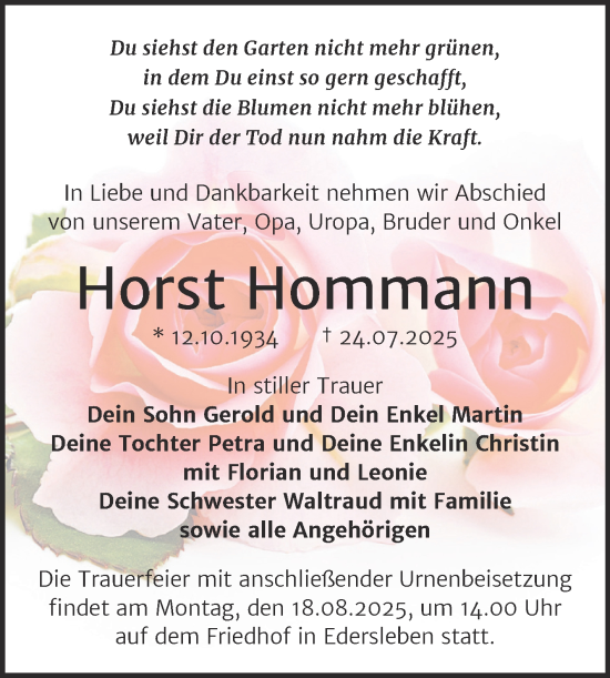 Traueranzeige von Horst Hommann von Trauerkombi Sangerhausen