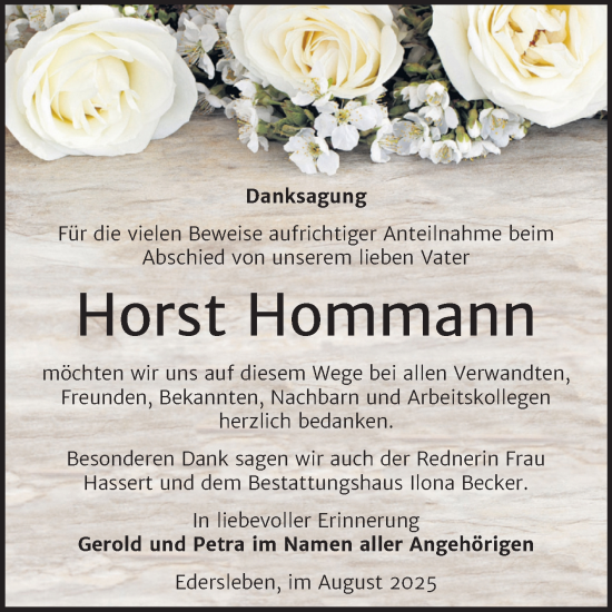 Traueranzeige von Horst Hommann von Trauerkombi Sangerhausen