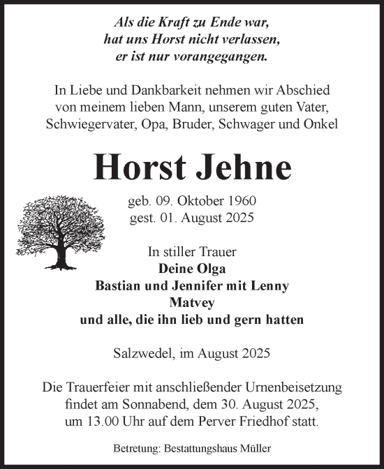 Traueranzeige von Horst Jehne von Volksstimme Altmark West