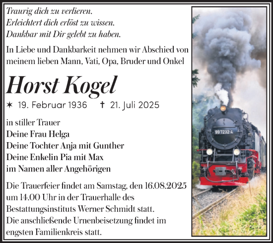 Traueranzeige von Horst Kogel von Trauerkombi Quedlinburg