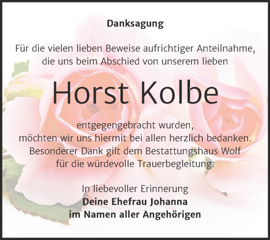 Traueranzeige von Horst Kolbe von Trauerkombi Weißenfels