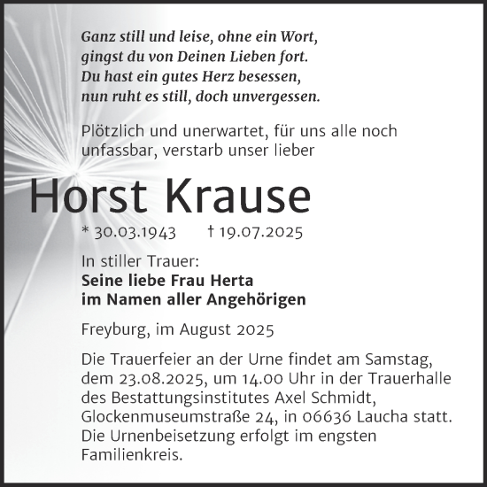 Traueranzeige von Horst Krause von Super Sonntag Naumburg/Nebra