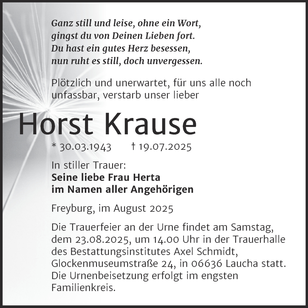  Traueranzeige für Horst Krause vom 02.08.2025 aus Super Sonntag Naumburg/Nebra