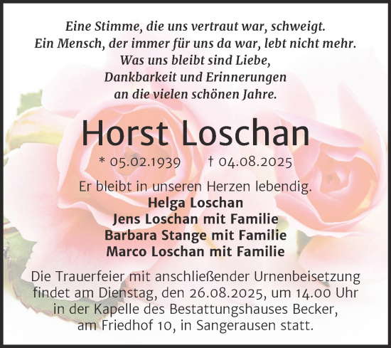 Traueranzeige von Horst Loschan von Trauerkombi Sangerhausen